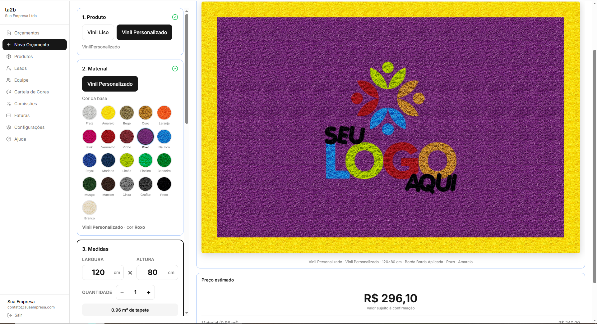 Tela do configurador TA2B: escolha de material, cores do catálogo e pré-visualização do tapete com o logo aplicado